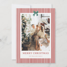 Cartão De Festividades Red Stripe Green Bow Christmas Photo Holiday Card