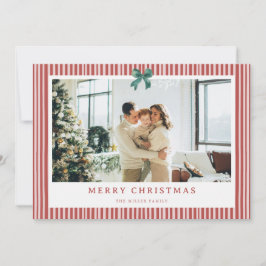 Cartão De Festividades Red Stripe Green Bow Christmas Photo Holiday Card 