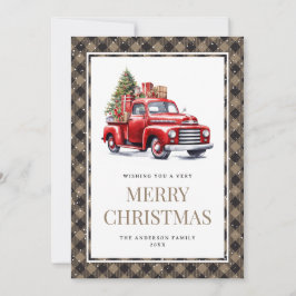 Cartão De Festividades Red Truck Khaki Buffalo Xadrez Watercolor Natal