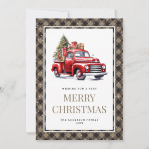 Cartão De Festividades Red Truck Khaki Buffalo Xadrez Watercolor Natal