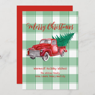 Cartão De Festividades Red Truck Pine Tree Feliz Natal Gingham Verde