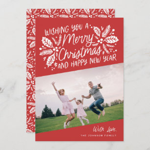 Cartão De Festividades Red Vintage Holly Typografia Foto de Natal