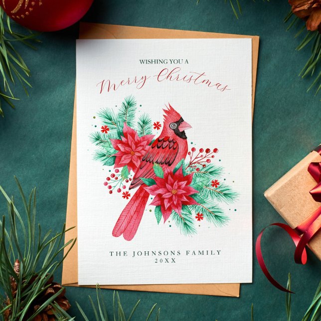 Cartão De Festividades Red Watercolor Cardinale Bird Natal (Red Watercolor Cardinal Bird Christmas Holiday Card)