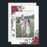 Cartão De Festividades Red Watercolor Poinsettias Foto Botânica<br><div class="desc">Feliz Feriados! Envie seus desejos de feriado e saudações para a família e amigos com este cartão plano de fotos florais personalizável. Apresenta uma estrutura de aquarela de pinecones,  agulhas de pinheiros,  colas,  bagas e poinsetos vermelhos. Personalize adicionando nomes,  mensagens e fotos. Itens correspondentes estão disponíveis.</div>