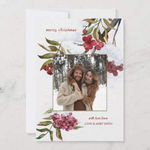 Cartão De Festividades Red Watercolor Winter Berries in Snow Photo