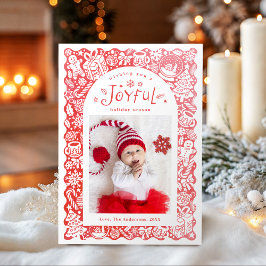 Cartão De Festividades Red Whimsical Hand Drawn Joyful Holiday Photo