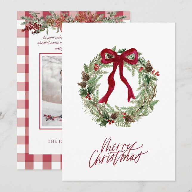 Cartão De Festividades Red White Check Xadrez Natal Wreath Arco Foto (Frente/Verso)