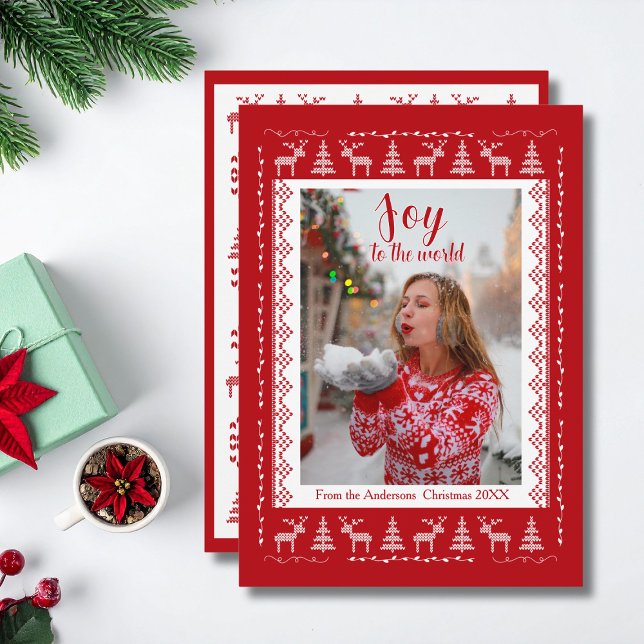 Cartão De Festividades Red White Nordic Sweater Photo Flat Holiday Card (Criador carregado)
