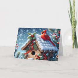 Cartão De Festividades Red Winter Cardinal on Birdhouse Christmas