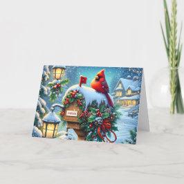 Cartão De Festividades Red Winter Cardinal on Mailbox Christmas