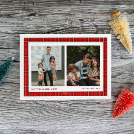 Cartão De Festividades Red Xadrez Love and Joy Double Photo