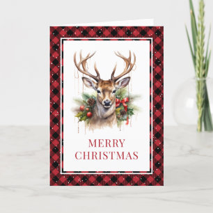Cartão De Festividades Red Xadrez Watercolor Deer Feliz Natal
