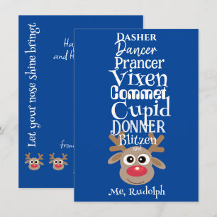 Cartão De Festividades Reindedo de Natal Rudolph Diversão Azul