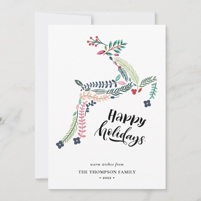 Cartão De Festividades Reindeer Floral | Poinsettia Pine Bough Happy (Frente)