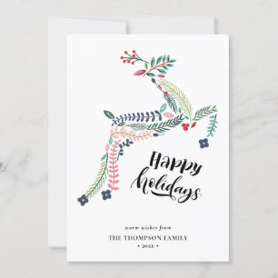 Cartão De Festividades Reindeer Floral   Poinsettia Pine Bough Happy