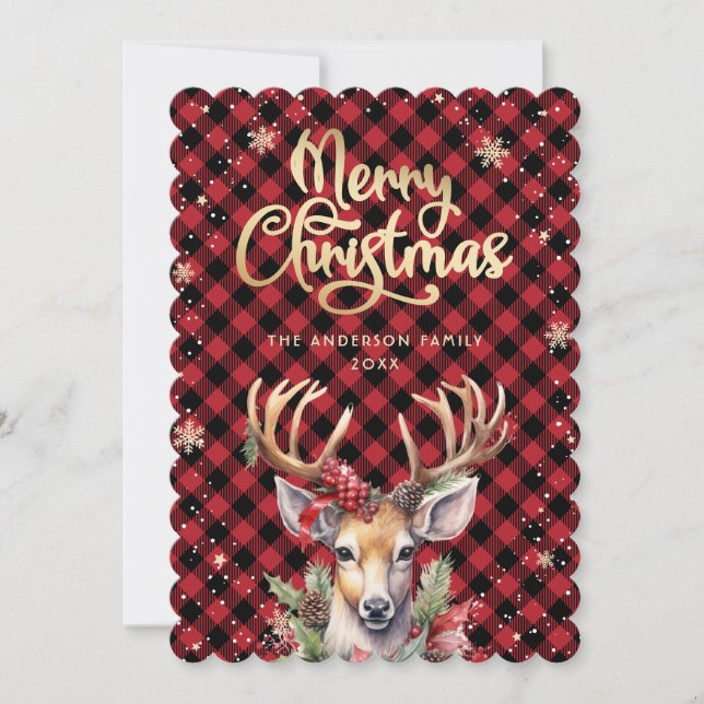 Cartão De Festividades Reindeer Holly Berries Snowflakes Christmas Card (Frente)