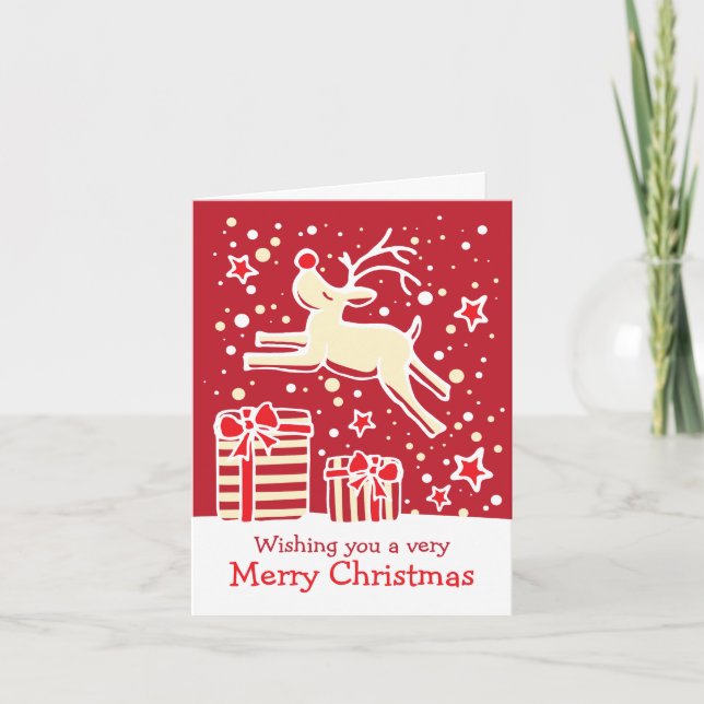 Cartão De Festividades Reindeer prancing over gifts red Christmas card (c (Frente)