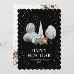 Cartão De Festividades Reindeer Snowy Forest Black New Year Card
