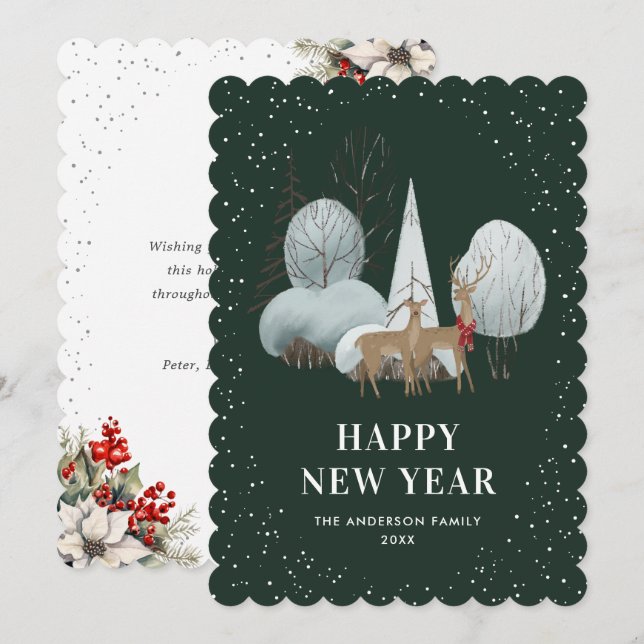 Cartão De Festividades Reindeer Snowy Forest Green New Year Card (Frente/Verso)