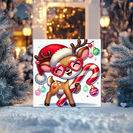 Cartão De Festividades Reindeer sorridente com ornamentos e canas doces