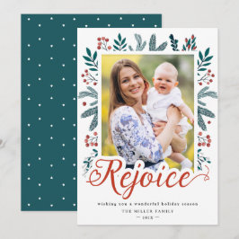 Cartão De Festividades Rejoice Script Christmas Pine Holly Berries Foto