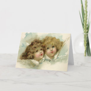 Cartão De Festividades Religião Vintage, Anjos Vitorianos nas Nuvens