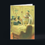Cartão De Festividades Religião Vintage, Judaísmo, Iluminando a Menorah<br><div class="desc">Ilustração vinda da judaica religiosa apresentando um Rabbi iluminando as velas em um Menorah durante Chanucá com duas crianças assistindo.</div>