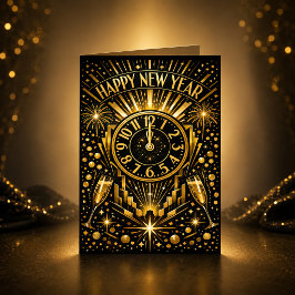 Cartão De Festividades Relógio da Meia-Noite de Ouro Celebração Art Déco