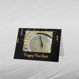 Cartão De Festividades Relógio de Foto Preto Elegante Ano Novo Dourado