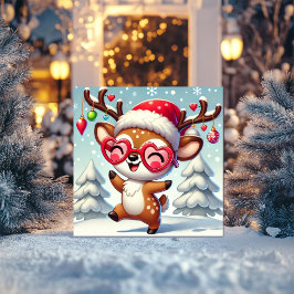 Cartão De Festividades Rena Alegre com Neve e Enfeites