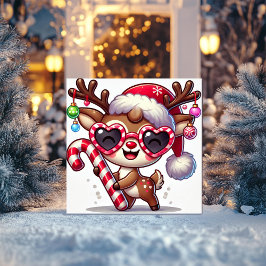 Cartão De Festividades Rena Brincalhona com Óculos Festivos e Enfeite