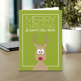 Cartão De Festividades Rena de desenho animado com Feliz Natal e Ano Novo