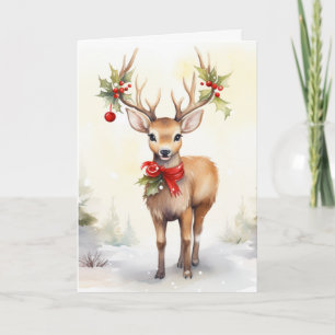 Cartão De Festividades Rena de Natal em Aquarela