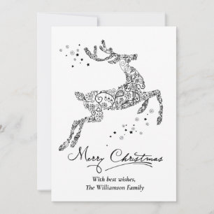 Cartão De Festividades Rena de Natal Minimalista Preto Branco