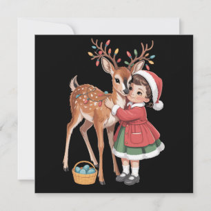 Cartão De Festividades Rena de Natal Retro E Menina Natal
