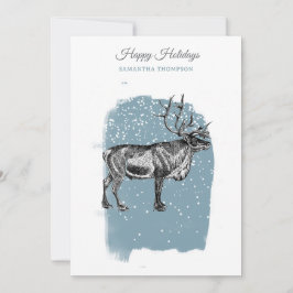 Cartão De Festividades Rena de Natal Vintage Moderno Azul Inverno Neve