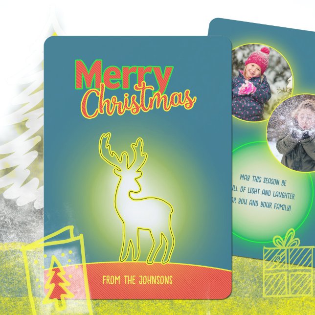 Cartão De Festividades Rena de Néon Arte Pop Dois Fotos Natal (Pop Art Neon Reindeer Two Photo Christmas Holiday Card ©Susanne Sachers - Sunny Mind 🌞)