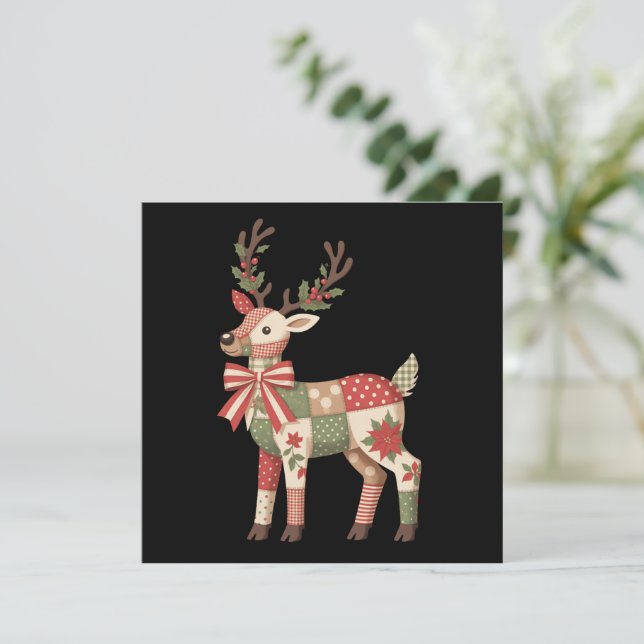 Cartão De Festividades Rena de Patchwork de Natal Bordado Animal  (Em pé/Frente)