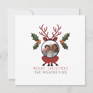 Cartão De Festividades Rena de Xadrez de Natal com Foto Personalizada
