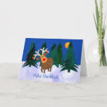 Cartão De Festividades Rena do Natal com cumprimento espanhol<br><div class="desc">Um cartão de Natal com "o Christams alegre e um feliz ano novo" no espanhol e uma rena na neve,  com os ornamento que penduram de seus antlers. De uma colagem de papel pintado à mão por Judy Adamson. O interior é deixado vazio para sua própria mensagem.</div>