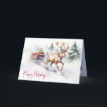 Cartão De Festividades Rena e Papai Noel<br><div class="desc">Renas em aquarela puxando Papai Noel em trenó antigo</div>