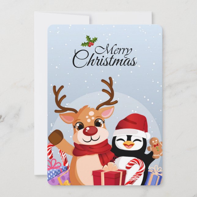 Cartão De Festividades Rena e Pinguim Fofo com Presentes de Natal (Frente)