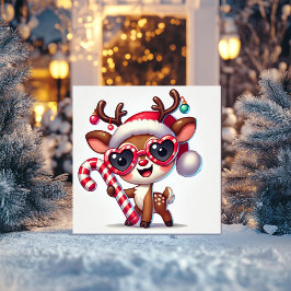 Cartão De Festividades Rena Feliz com Bastão de Doces e Enfeites