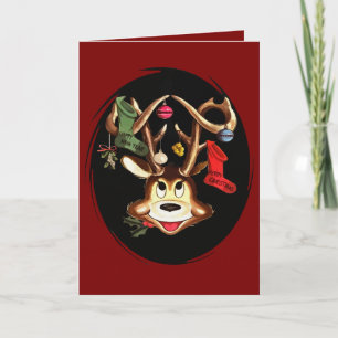 Cartão De Festividades Rena Sorridente Decorada com Meia de Natal