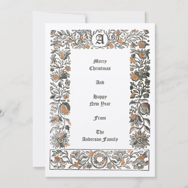Cartão De Festividades Renascance Floral Pomegranato Woodblock Natal (Frente)