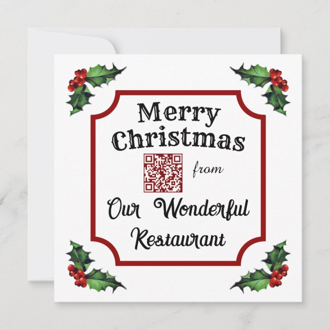Cartão De Festividades Restaurante de código QR personalizado Feliz Natal (Frente)