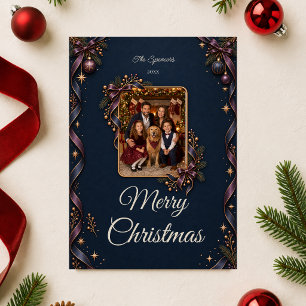 Cartão De Festividades Retrato de Família Feliz Natal Meia-Noite Azul-Mar