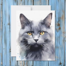 Cartão De Festividades Retrato de Gato de Cinza de Aquarela