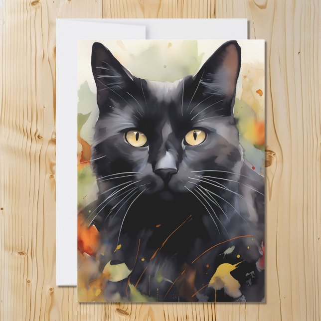 Cartão De Festividades Retrato De Gato Preto De Aquarela Em Queda (Criador carregado)