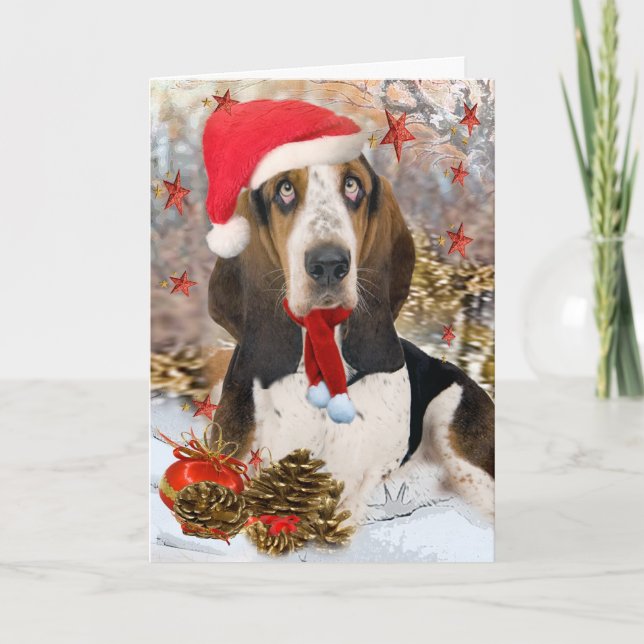 Cartão De Festividades Retrato do Natal de Basset Hound (Frente)